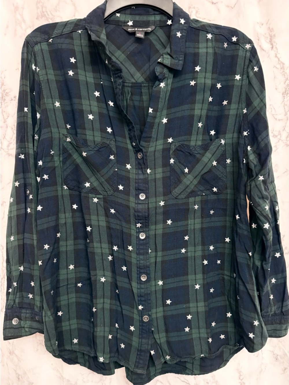 Madewell Navy & Green Plaid Star-Print Button-Up